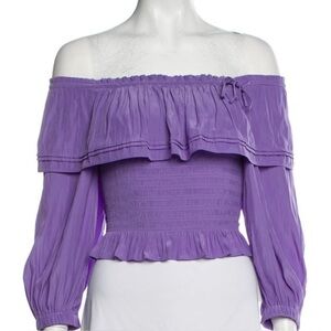 Ramy Brook Frankie Smocked Off-The-Shoulder Puff Half Sleeve Top Purple Sz S NEW